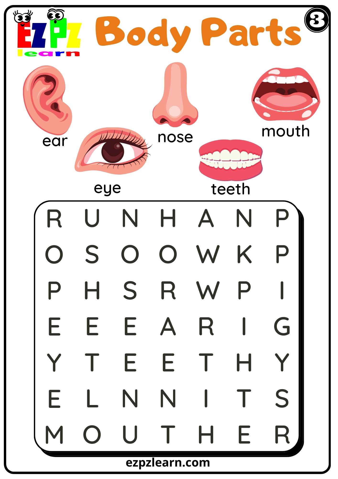 Body Parts Read Word Search For Kids And ESL PDF Download Set Number 3 Ezpzlearn